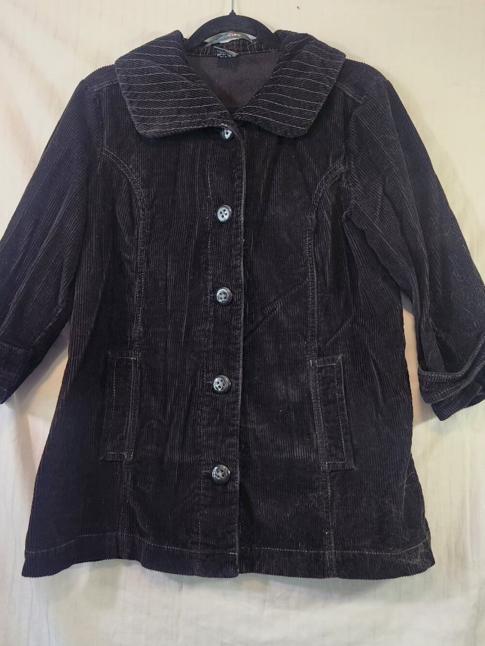 French Cuff Contrast Stitch Corduroy Button Up Collared Car Coat Jacket Size L